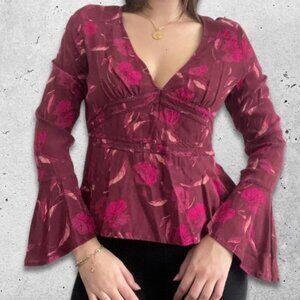 Leith Peplum Floral Blouse‎ V-Neck Long Bell Sleeve Burgundy Pink Women’s US S